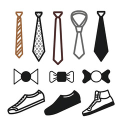 Flat vector illustration of menswear accessories, there is five deafferents type of ties ,three bow ties & three shoes, arranged neatly on white background.