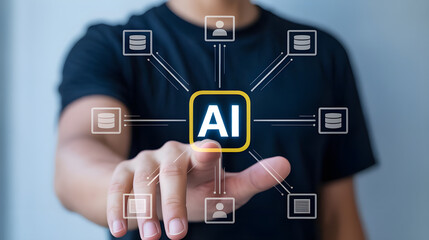 Digital Network Diagram Featuring AI Icon with Hand Pointing in Modern Tech Illustration