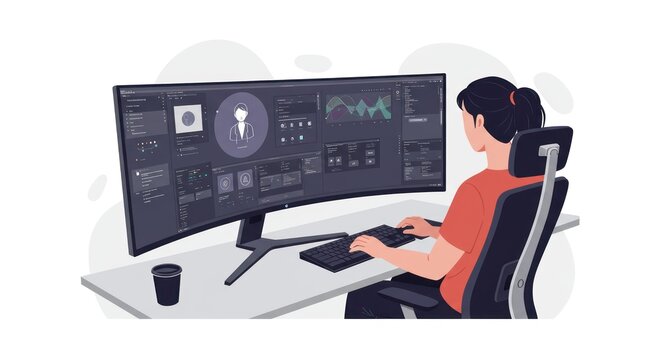Woman working at computer, graphic interface on a curved monitor