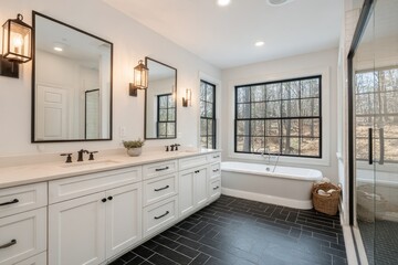 Bright, modern bathroom with a spacious vanity and soaking tub.  Large windows offer natural light