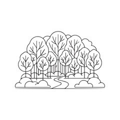 Minimalist Forest Park Icon with Deciduous Trees, Simple Outdoor Landscape Vector Line Art
