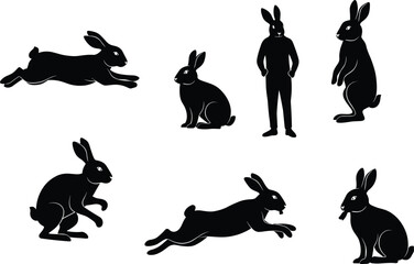 Silhouette rabbits collection, black bunny poses, jumping hare, sitting rabbit, standing bunny, running hare, crouching rabbit, anthropomorphic bunny character, vector illustration design © Moslama