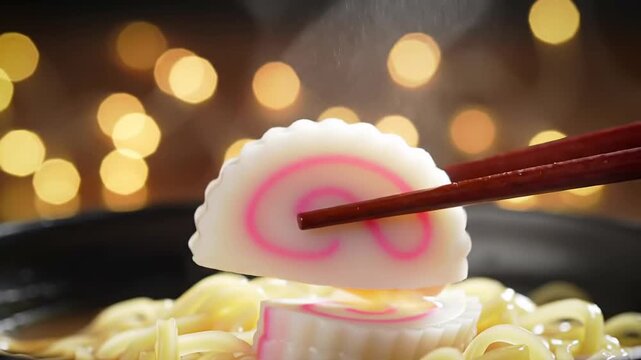 Macro photography capturing a slice of Narutomaki fish cake held by chopsticks, showcasing its signature pink swirl and white color against a blurred backdrop of