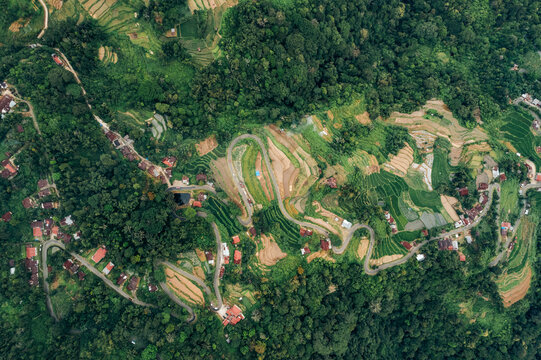 Aerial vew of the Kelol 44 road near Danau Maninjau Lake in the Bukittinggi area, West Sumatra, Sumatra, Indonesia