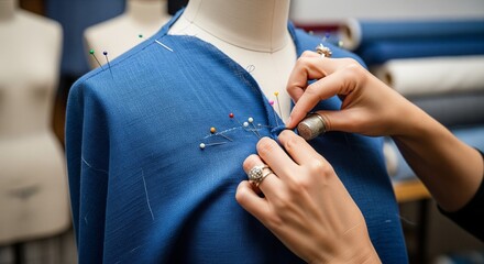 Close-up on the hands of a skilled tailor pinning blue fabric to a dressmaker's dummy, a meticulous view of the traditional craftsmanship in creating fashion