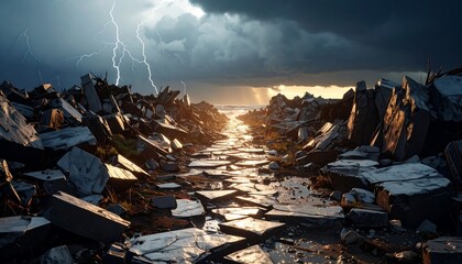 Pathway Through Debris Under a Dramatic Thunderstorm