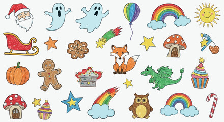 Vector art of whimsical handdrawn doodles of christmas and fantasy elements