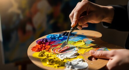 Fototapeta premium An artist's hand deftly mixes a vibrant spectrum of oil paints with a palette knife on a wooden palette, capturing the essence of creative passion and art