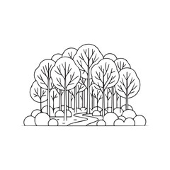 Minimalist Forest Park Icon with Deciduous Trees, Simple Outdoor Landscape Vector Line Art

