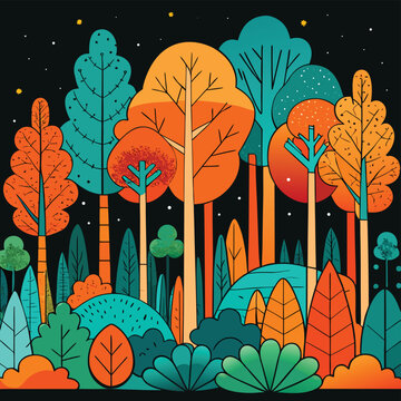 a vibrant forest scene with trees in teal and oran.eps