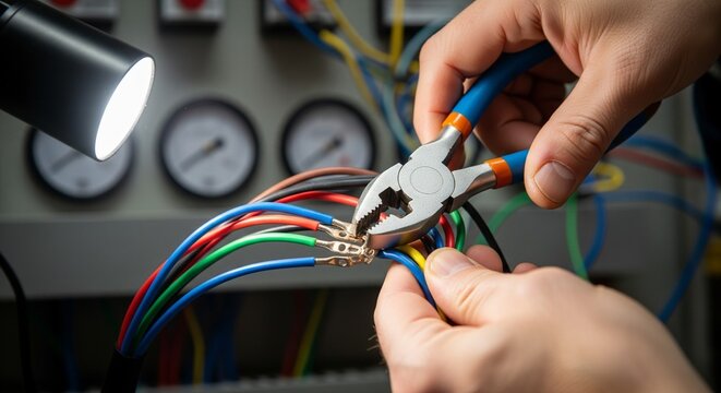 Close-up of an electrician at work, using pliers to strip and connect colorful wires. The image highlights electrical repair and technical skills