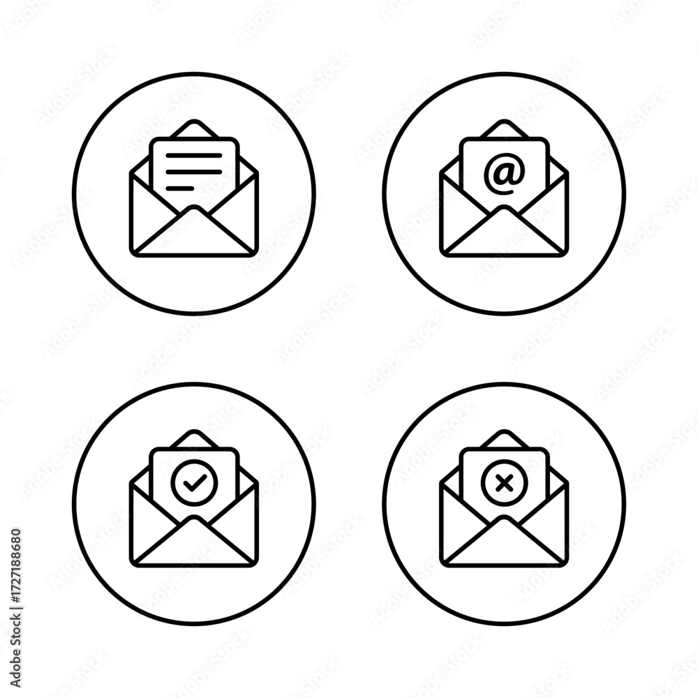 Poster email envelope icon in circular outline. document insert, mail symbol, verified message, and failed 