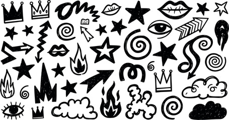 Vector art of black and white handdrawn doodles of abstract shapes, stars, crowns, and lips