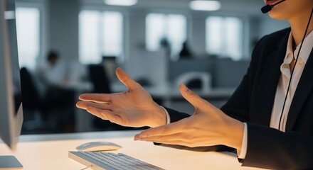 Customer service representative with headset and computer in an office environment, demonstrating clear communication and assistance skills to a client