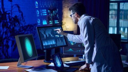 Futuristic scientist standing at interactive holographic dashboard analyzing data. Concept of artificial intelligence, global business, advanced software solutions, and digital transformation. Collage