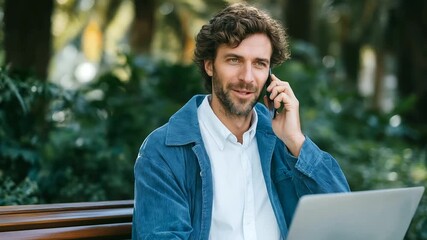 A sustainability consultant working remotely on a park bench balancing a laptop and phone while dressed in casual professional attire natural greenery and sunlight providing a