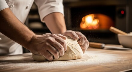 Mastering the art of bread making hands knead dough with skill and precision on a rustic wooden surface, with a rustic oven in the background