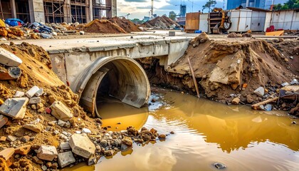 Construction site with debris and flooded trench