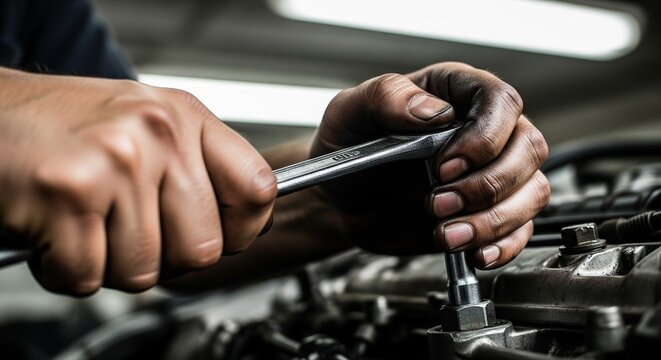Close-up of mechanic's hands using a wrench to repair a car engine, showcasing precision and the manual process in automotive maintenance