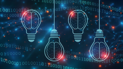 Futuristic AI and Brain Concept Illustration with Light Bulbs and Neural Activity
