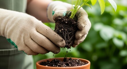 A gardener wearing gloves carefully transplants a young green seedling with a healthy root system into a clay pot, fostering new growth and sustainable living