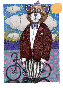Anthropomorphic bear in a suit and bow tie with a cityscape and bicycle background.