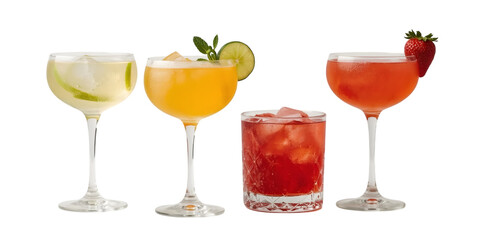 Four vibrant cocktails: An inviting ensemble of colorful cocktails, each a symphony of flavors, meticulously crafted and presented in elegant glassware.