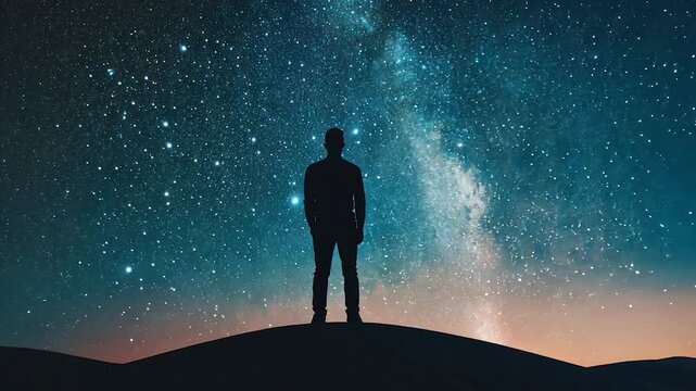 Silhouette of person gazing at night sky, full of stars and milky way