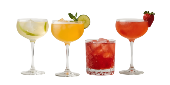 Four vibrant cocktails: An inviting ensemble of colorful cocktails, each a symphony of flavors, meticulously crafted and presented in elegant glassware.