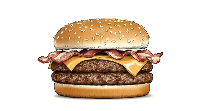 capture a double patty burger with bacon in a product shooting styl, position the burger at the bottom of the frame with clear copy space at the to