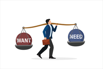 Businessman balancing between need and want, Business concept icon vector template design element