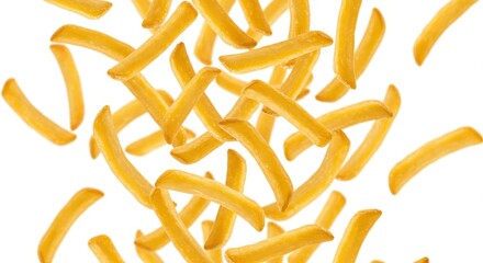 Fototapeta premium Golden french fries, crisply cut and tossed in the air, appear against a pure white background.