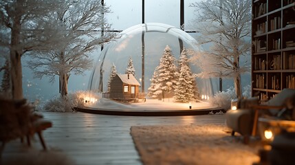 A cozy winter scene with a snow globe and a charming little house inside.