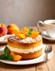 Peach cake on a plate with tea