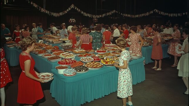 Vintage women at festive buffet table with desserts