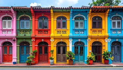 Colorful row of houses, vibrant hues, architectural details