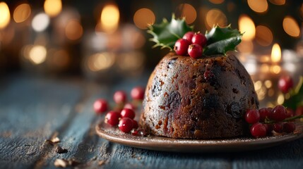 Christmas pudding on rustic table with festive decoration