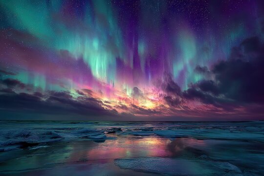 Aurora borealis over icy landscape at sunset - Powered by Adobe