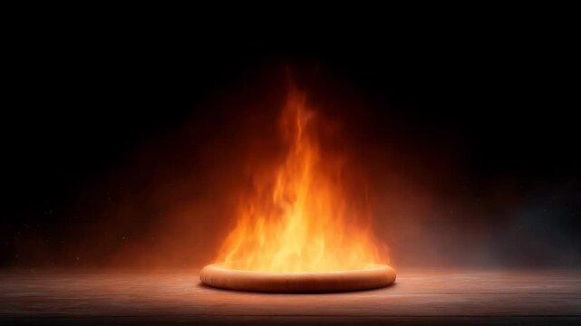 Intense luminescent flame rising vertically from circular ceramic base, casting dramatic shadows against shadowy background. Controlled studio environment highlighting raw energy
