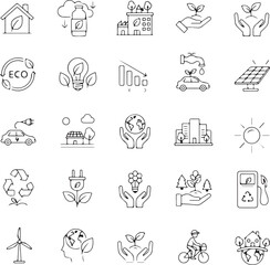 Green energy and ecology line icon set. Collection of simple outline symbols for sustainability, environment and renewable power.
