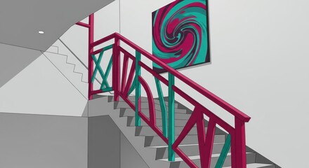 Interior view of stairwell with colorful railing and wall art