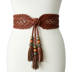 Woven boho belt with tassels and beads isolated on transparent background