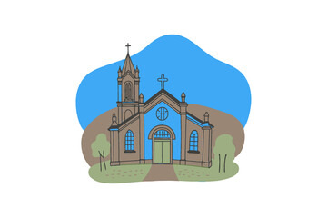 Brown building with blue facade and green doors church