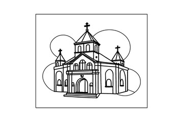 Black and white sketch of a church with crosses and arches building architecture