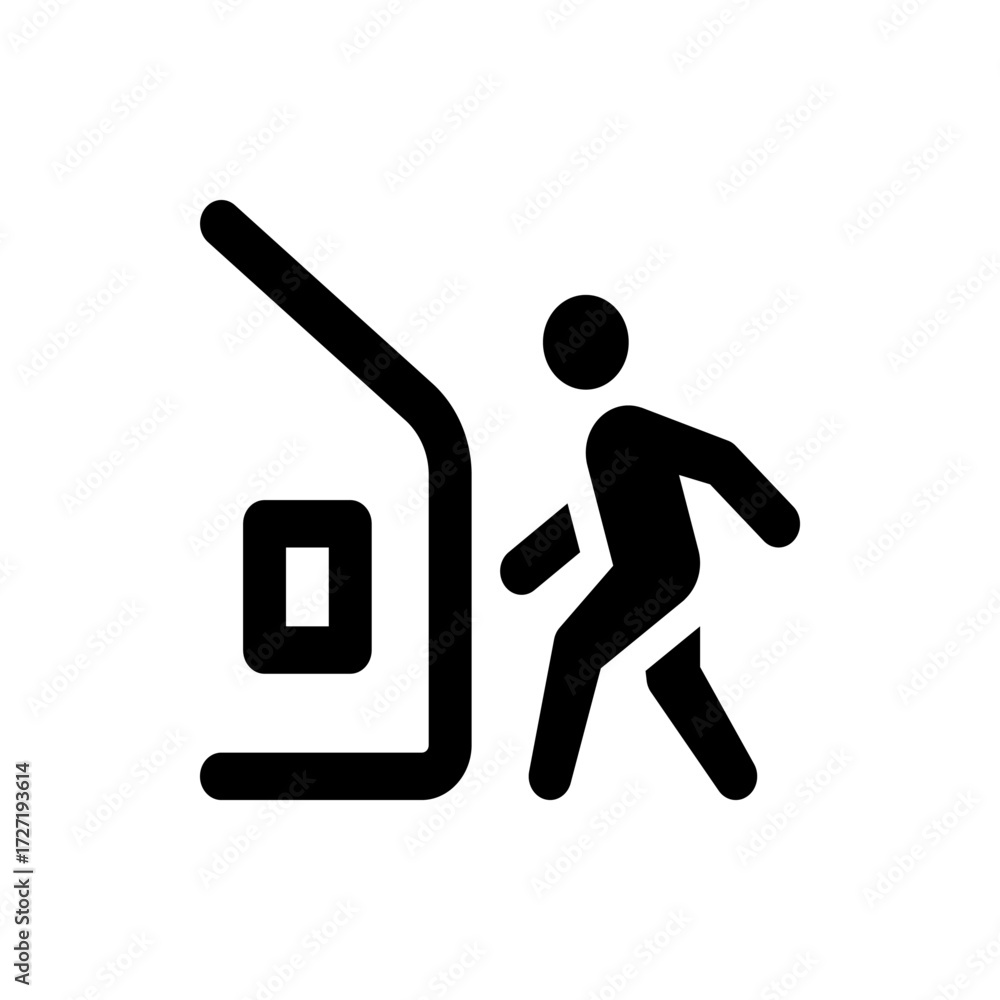 Poster person exiting a vehicle depicted in a simple black and white icon style with clear lines and shapes