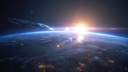 Spaceship orbiting earth at sunrise. AI image
