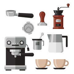A vector illustration set of professional barista equipment for making espresso coffee, including a machine, grinder, and portafilter