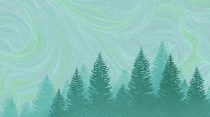 Fototapeta premium Stylized evergreen forest with wave patterns. AI image