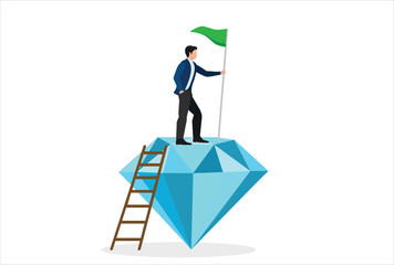 Value proposition, entrepreneur waving victory flag atop valuable high-quality diamond icon vector template design element