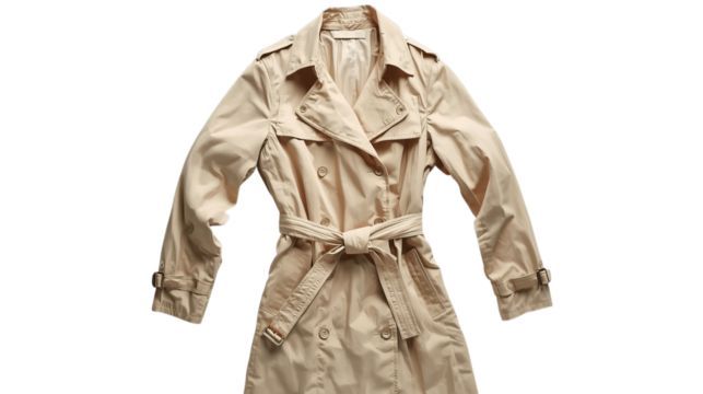 A classic beige trench coat with a belt, isolated on a transparent background, showcasing its timeless design and elegant silhouette for fashion and style - Powered by Adobe